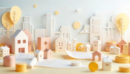 Creative paper art of pastel buildings and cityscape with documents and coins on table