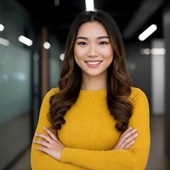 Confident Young Professional Woman Smiling in Modern Office Environment

