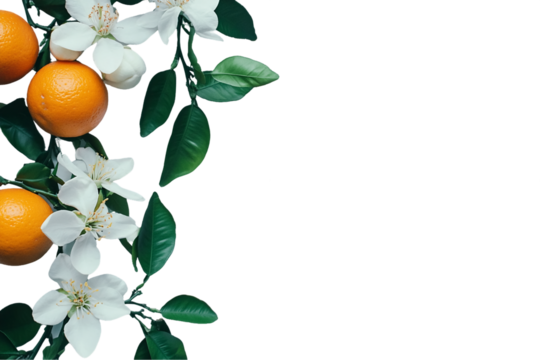 Bright Orange Citrus Fruits and Delicate White Blossoms on Transparent Background, PNG