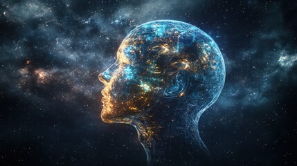 A human head silhouette with glowing energy and cosmic elements