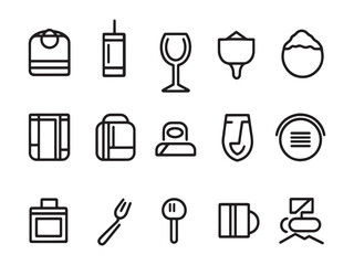 A vector icon set features various food and drink symbols, including coffee cups, beer glasses, wine, juice, tea, cocktails, and restaurant pictograms for design and illustration