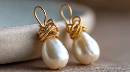 Delicate gold wire-wrapped pearl earrings on a light surface
