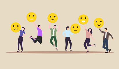 Fototapeta premium employee happiness work attitude feedback business concept vector illustration people various feedback emoticons working wellbeing satisfaction 