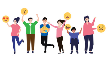 Fototapeta premium employee happiness work attitude feedback business concept vector illustration people various feedback emoticons working wellbeing satisfaction 