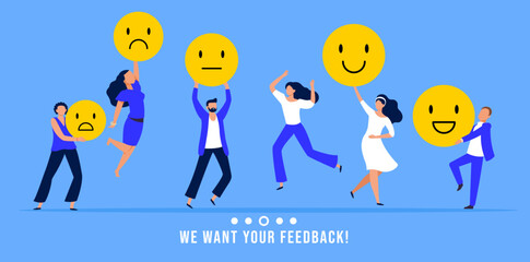 employee happiness work attitude feedback business concept vector illustration people various feedback emoticons working wellbeing satisfaction 
