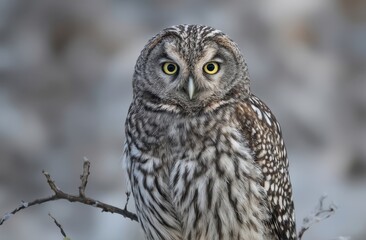 portrait of a Northern Hawk Owl perched on a tree branch