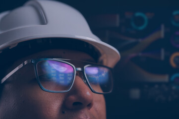 Reflection of a data chart board on glasses, coding and reflection with business man reading software development analytics, database and system error report for information technology