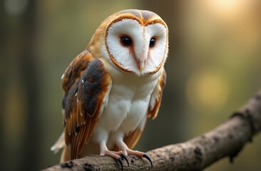 Portrait of a Barn Owl in a natural habitat with blurred hints of the surrounding trees and a hint of twilight light