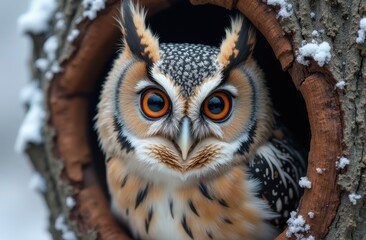 Obraz premium Portrait of an Eastern Screech-Owl nestled in a natural cavity of a tree
