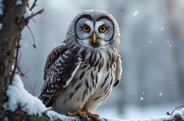 portrait of a Northern Hawk Owl perched on a tree branch