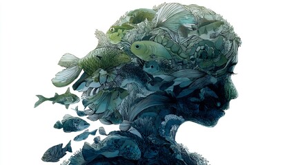 Obraz premium Underwater Serenity: Conceptual portrait merging a human silhouette with marine life
