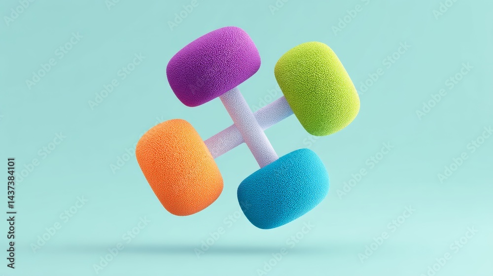 Poster colorful, fuzzy object with four different colors. the object is in the air and he is a toy
