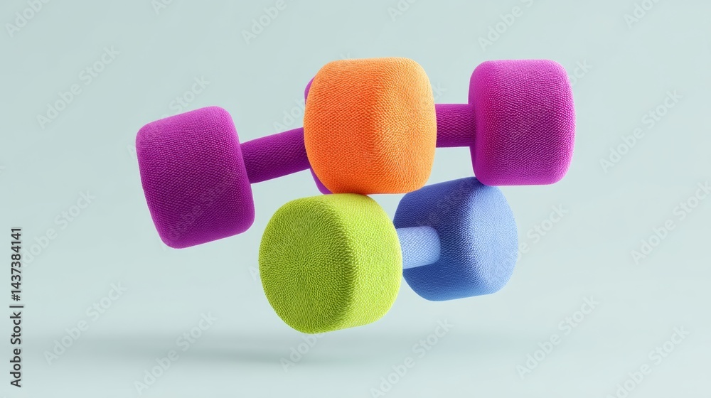 Poster group of colorful dumbbells are shown in a 3d image. the dumbbells are of different colors and sizes