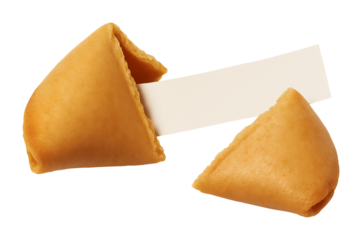 cracked open fortune cookie with blank message on transparent background