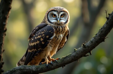 Obraz premium Portrait of a Barred Owl in its natural habitat with hints of trees and foliage