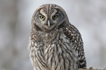 portrait of a Northern Hawk Owl perched on a tree branch