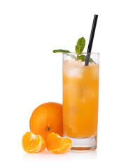 Tangerine juice with ice in glass with straw, mint, fruits and two peeled slices isolated on white background