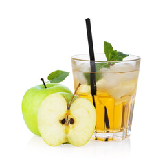 Apple alcoholic drink Cider with ice and fruits isolated on white background