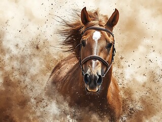Chestnut horse runs amidst dust cloud, possibly as an advertisement or for use in creative projects