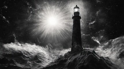A tall lighthouse shines brightly amidst stormy seas and night skies