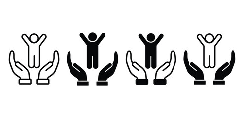 Black and White Icon Set of Hands Protecting a Person Vector Design Illustration