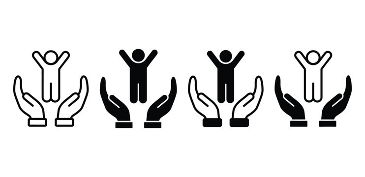 Black and White Icon Set of Hands Protecting a Person Vector Design Illustration