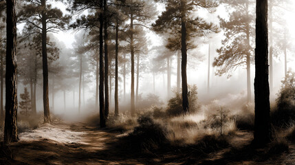 Fototapeta premium A vintage sepia forest with pine trees wrapped in mist, creating a romantic and peaceful atmosphere with a dreamy, ethereal quality.