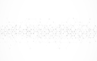 Obraz premium Hexagons pattern on gray background. Genetic research, molecular structure. Chemical engineering. Concept of innovation technology. Used for design healthcare, science and medicine background