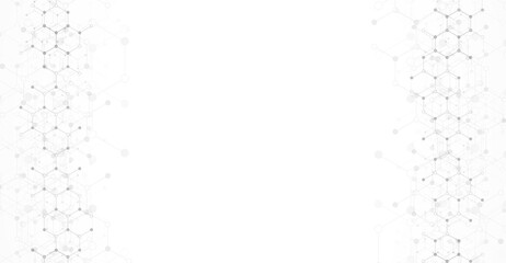 Hexagons pattern on gray background. Genetic research, molecular structure. Chemical engineering. Concept of innovation technology. Used for design healthcare, science and medicine background