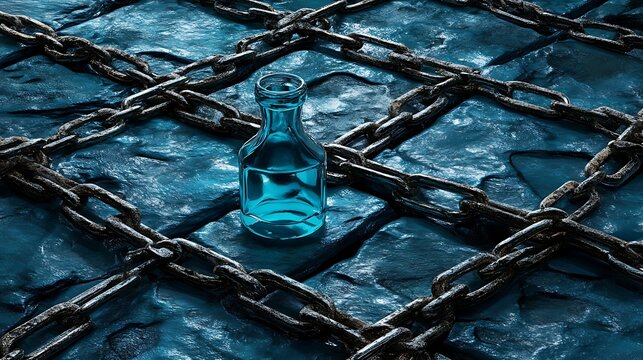 Teal bottle restrained by chains