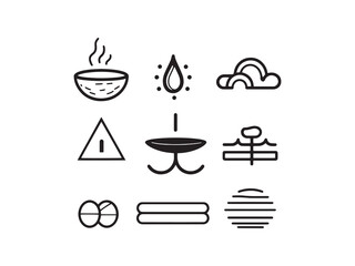 A vector set features food icons, including healthy choices and drinks, as black silhouette symbols perfect for restaurant or travel design