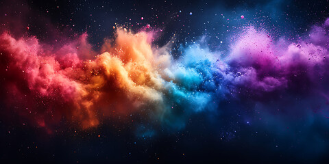 Fototapeta premium Vibrant cloud of colored powder explosions against a starry night sky backdrop for creative designs