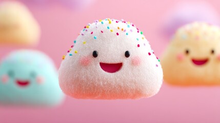 Cartoon character made of frosting and sprinkles is smiling. The image is colorful and playful, with a happy and lighthearted mood
