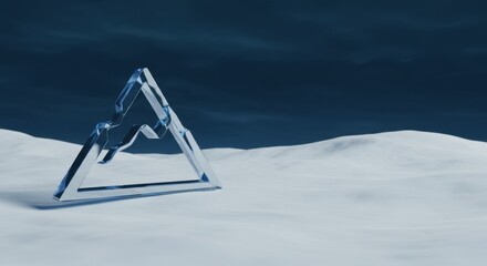 Glass Mountain Icon in a Snowy Landscape Under a Dark Blue Sky: Minimalist 3D Render