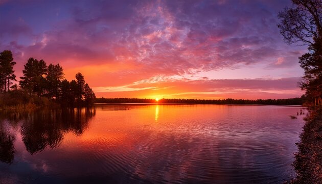 Tranquil sunset over a calm lake with vibrant colors reflecting in the water and silhouetted trees on the horizon.