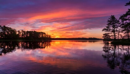 Obraz premium A vibrant sunset reflects on a calm lake, surrounded by silhouetted trees and a dramatic, colorful sky.