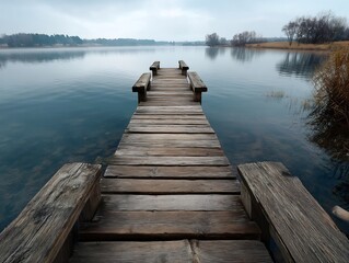 Fototapeta premium Tranquil lakeside scene featuring a rustic wooden pier under a cloudy sky