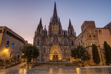 The Barcelona Cathedral with no people at dawn