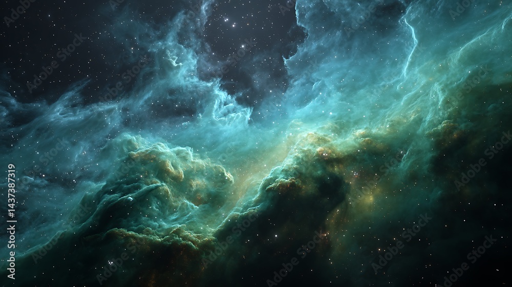 Canvas Prints abstract nebula in space showcasing teal and green hues with scattered star clusters
