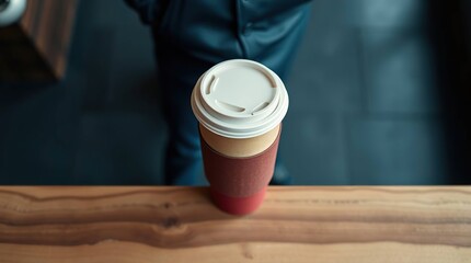 Disposable coffee cup on a wooden table, held by someone