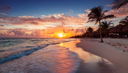 A stunning tropical beach at sunset with palm trees, gentle waves, and colorful clouds creating a serene and picturesque scene.