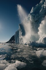 A dramatic moment of a massive iceberg collapsing into the ocean, shards of ice breaking off and splashing into the cold water, frozen fragments suspended mid-air, bright clear sky in the background