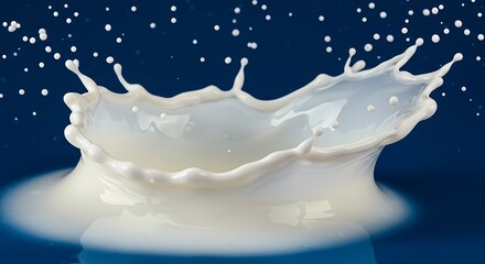 Spectacular milk splash formation with droplets against a navy background
