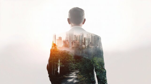 Businessman with Double Exposure Blending City and Nature Scene