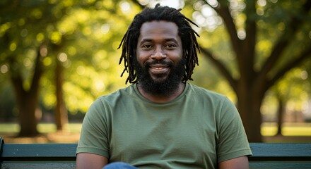 Smiling Man on a Park Bench in a Lush Green Setting