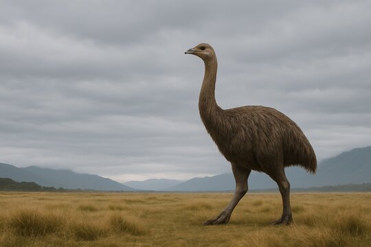 Moa Walking Across Open Grassland with Mountains &ndash; AI generated