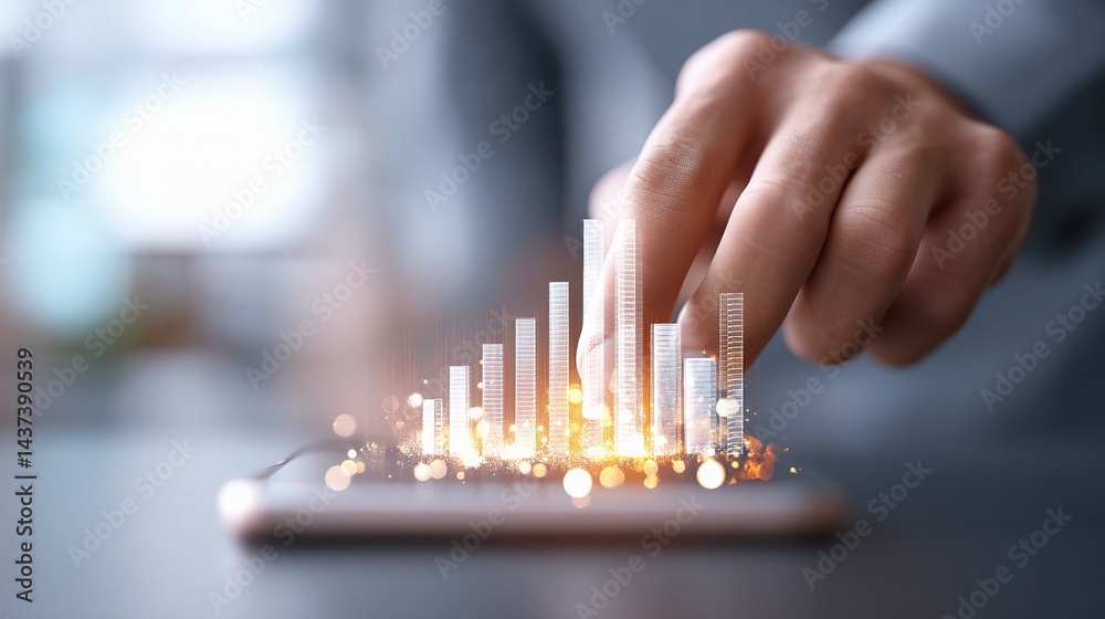 Poster modern worker tapping on mobile screen with 3d data visualization