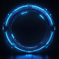 Futuristic blue glowing neon round portal. Sci fi metal construction. -
