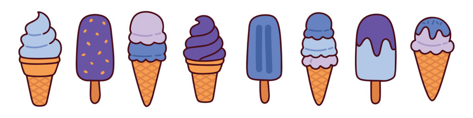 Collection of different frozen treats including soft serve cones and popsicles in vibrant pastel colors for summer snacking