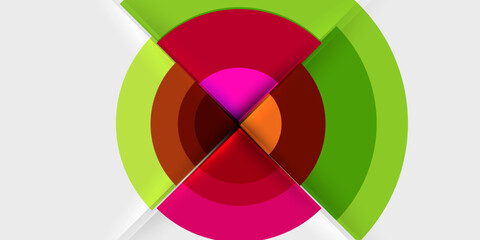 Obraz premium Abstract design features layered circles, vibrant colors. Geometric shapes intersect creating dynamic visual effect. Modern, clean aesthetic.